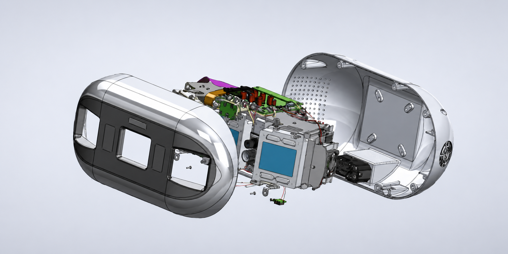 Exploded mechanical enclosure and electronics assembly
